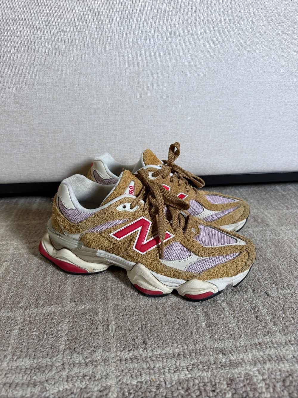 New Balance 9060 Suede Tan and Pink Athletic Sneakers with Red Logo